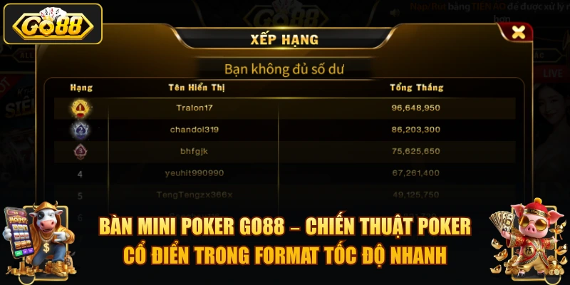 Bàn Mini Poker GO88 – chiến thuật Poker cổ điển trong format tốc độ nhanh.