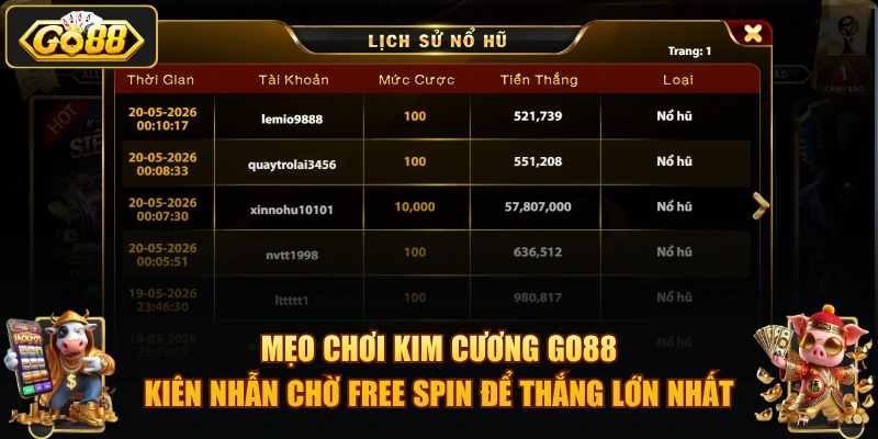 Mẹo chơi Kim Cương GO88 kiên nhẫn chờ Free Spin để thắng lớn nhất.