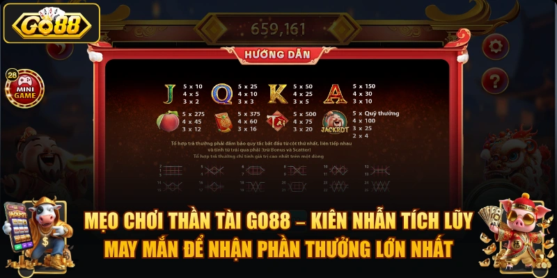 Mẹo chơi Thần Tài GO88 – kiên nhẫn tích lũy may mắn để nhận phần thưởng lớn nhất.