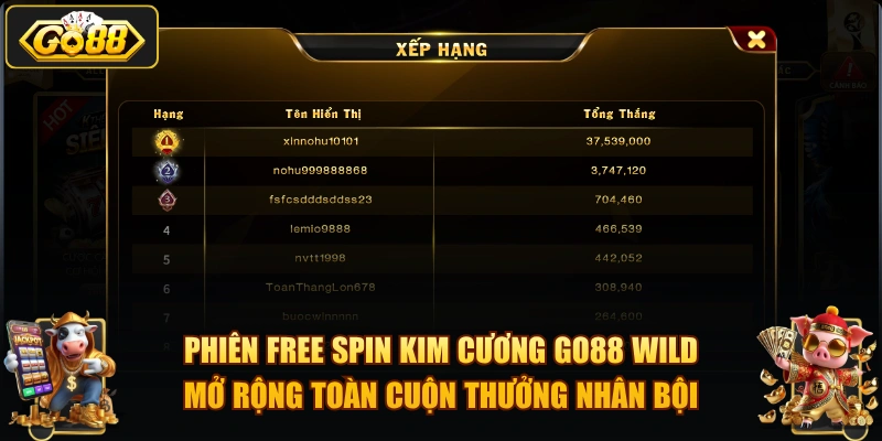 Phiên Free Spin Kim Cương GO88 Wild mở rộng toàn cuộn thưởng nhân bội.